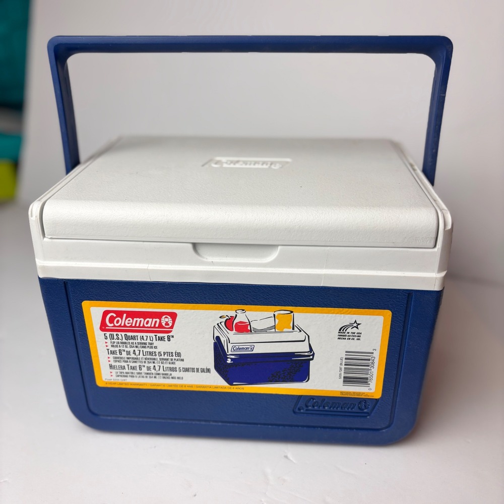 vintage Coleman Take 6 Personal Cooler 5 Quart Blue White 6 can  FlipLid NWT